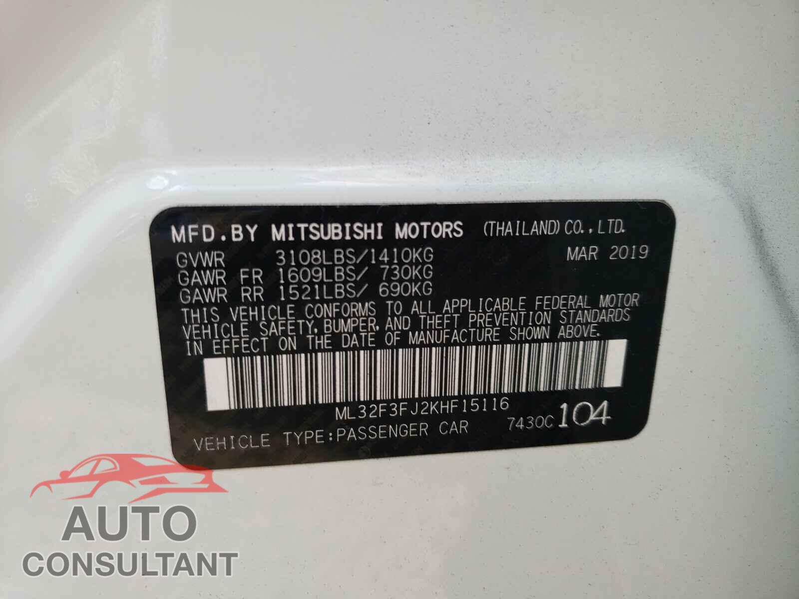 MITSUBISHI MIRAGE 2019 - ML32F3FJ2KHF15116