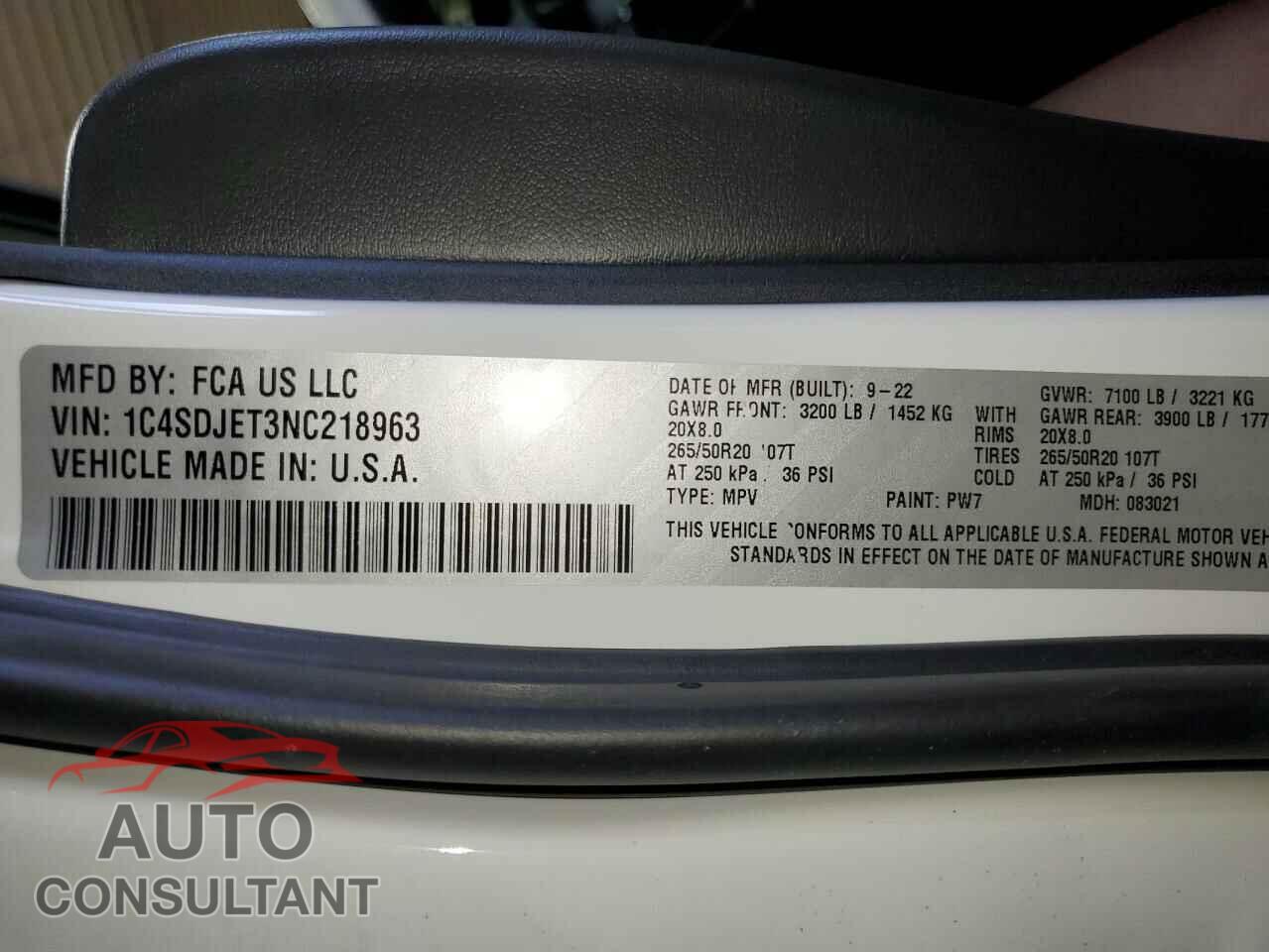 DODGE DURANGO 2022 - 1C4SDJET3NC218963