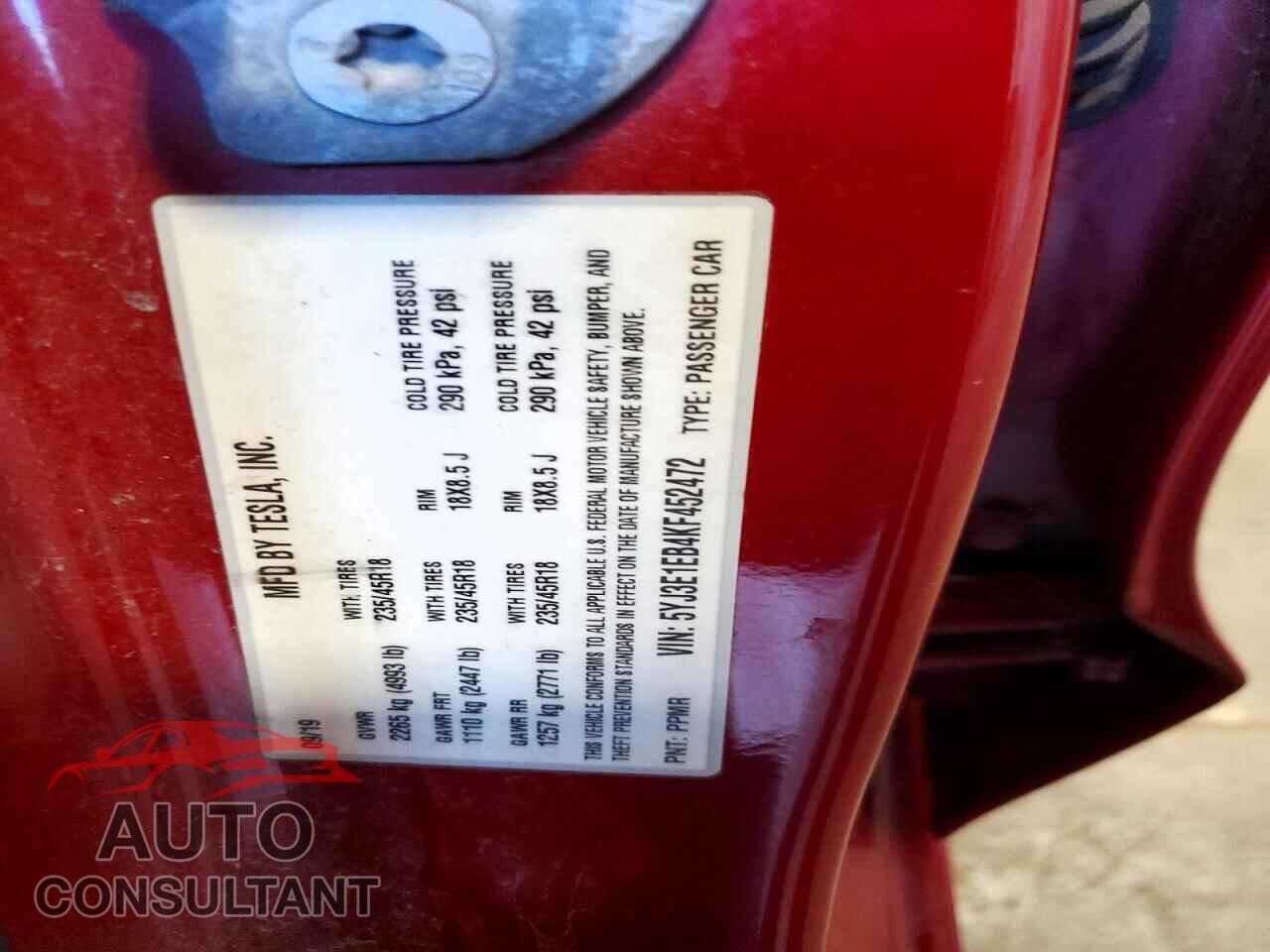 TESLA MODEL 3 2019 - 5YJ3E1EB4KF452472