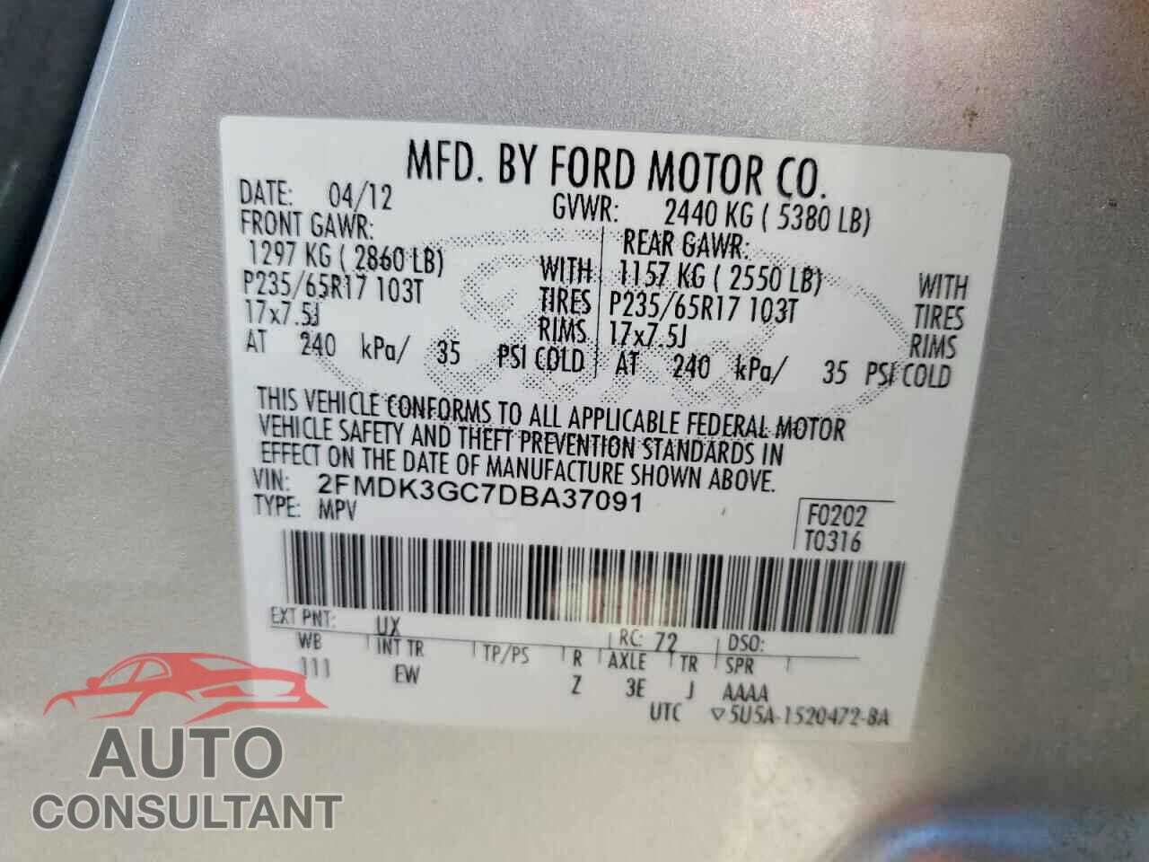 FORD EDGE 2013 - 2FMDK3GC7DBA37091