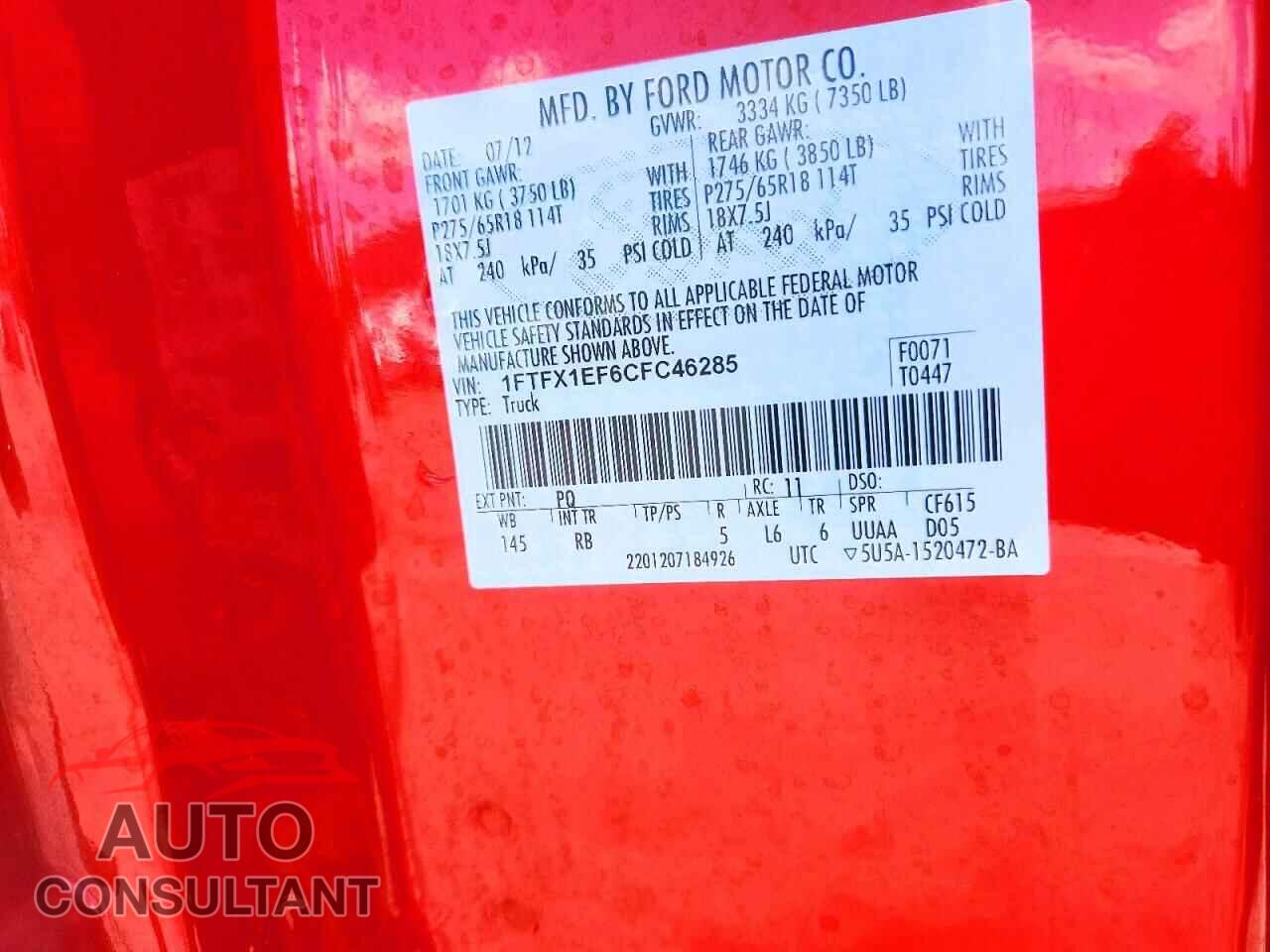 FORD F150 2012 - 1FTFX1EF6CFC46285