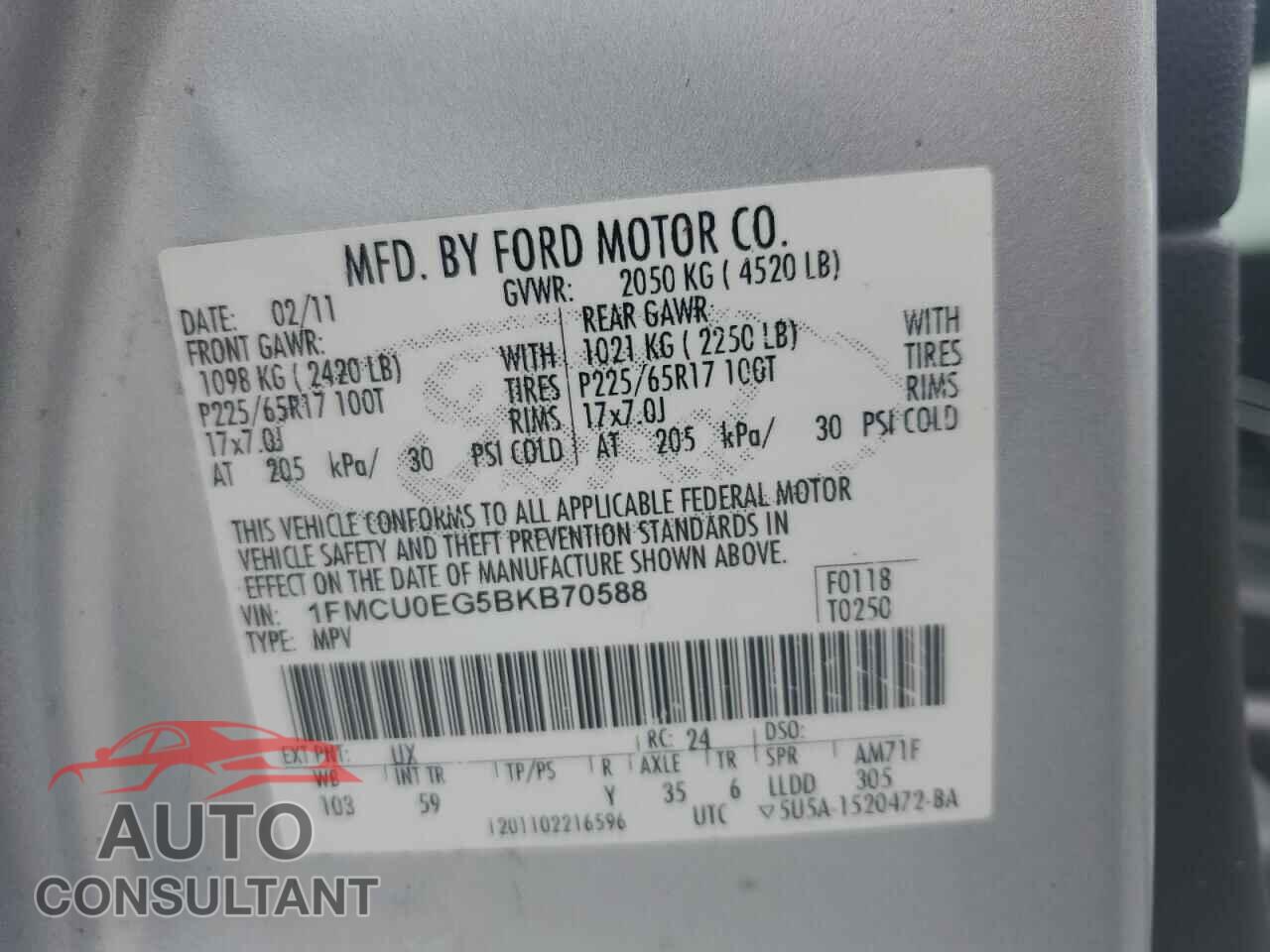 FORD ESCAPE 2011 - 1FMCU0EG5BKB70588