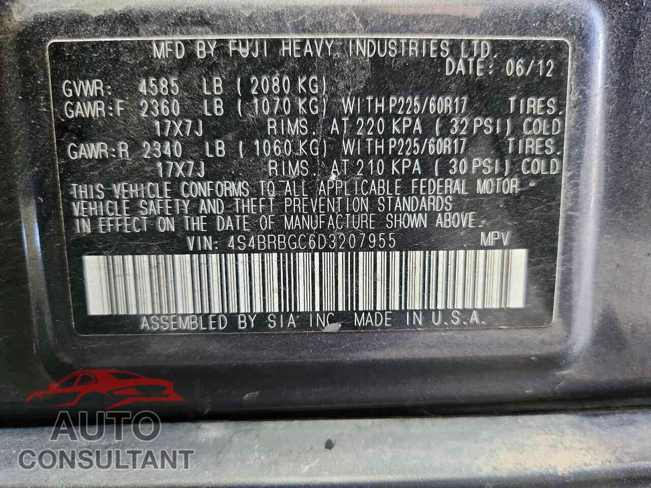 SUBARU OUTBACK 2013 - 4S4BRBGC6D3207955