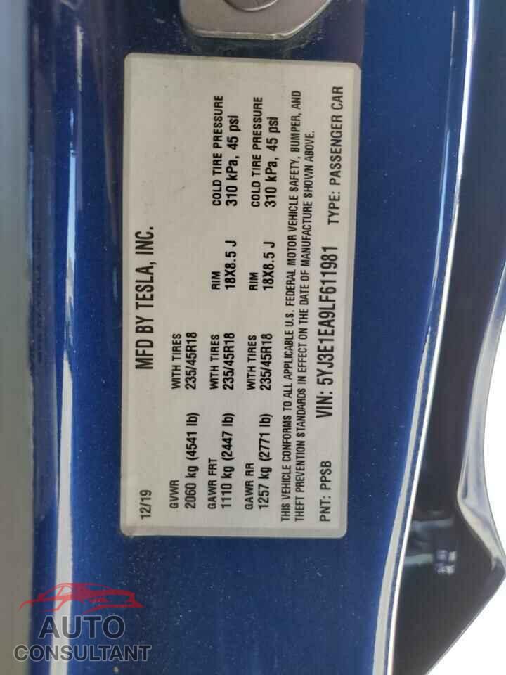 TESLA MODEL 3 2020 - 5YJ3E1EA9LF611981