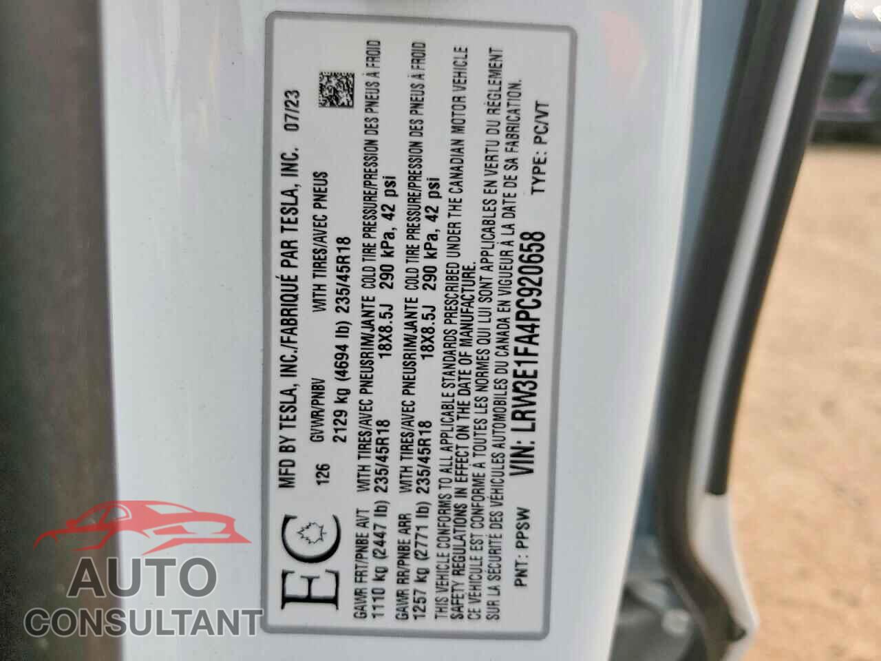 TESLA MODEL 3 2023 - LRW3E1FA4PC920658