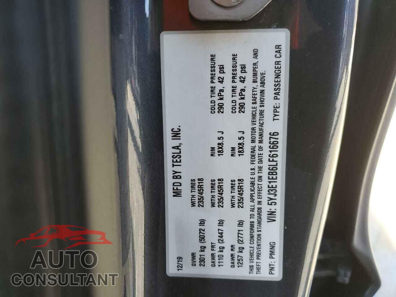 TESLA MODEL 3 2020 - 5YJ3E1EB6LF616676