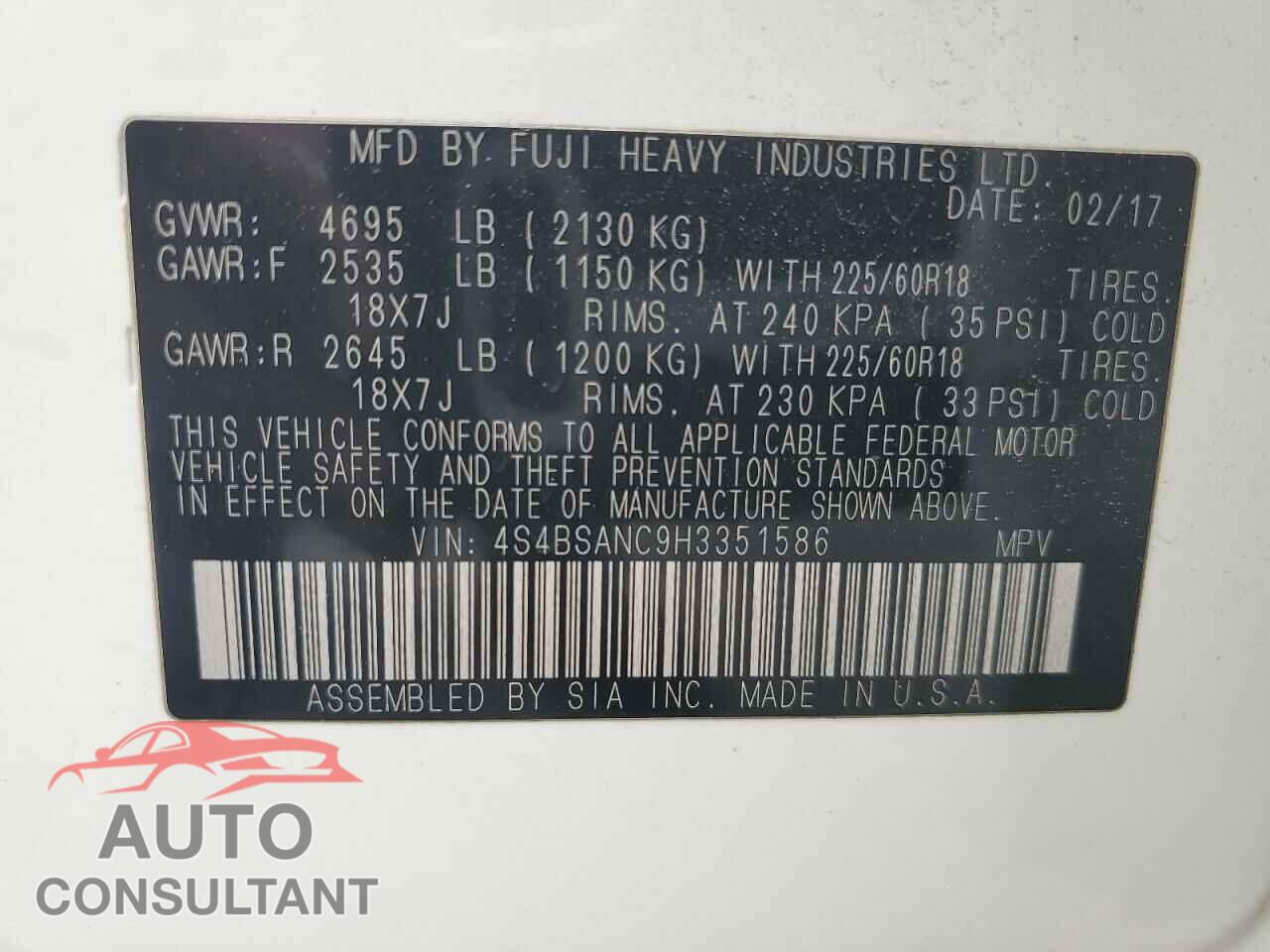 SUBARU OUTBACK 2017 - 4S4BSANC9H3351586