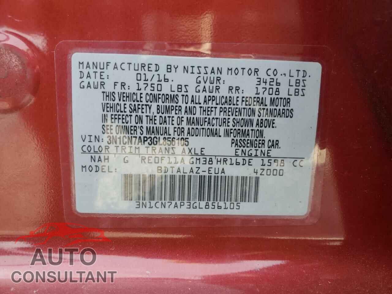 NISSAN VERSA 2016 - 3N1CN7AP3GL856105