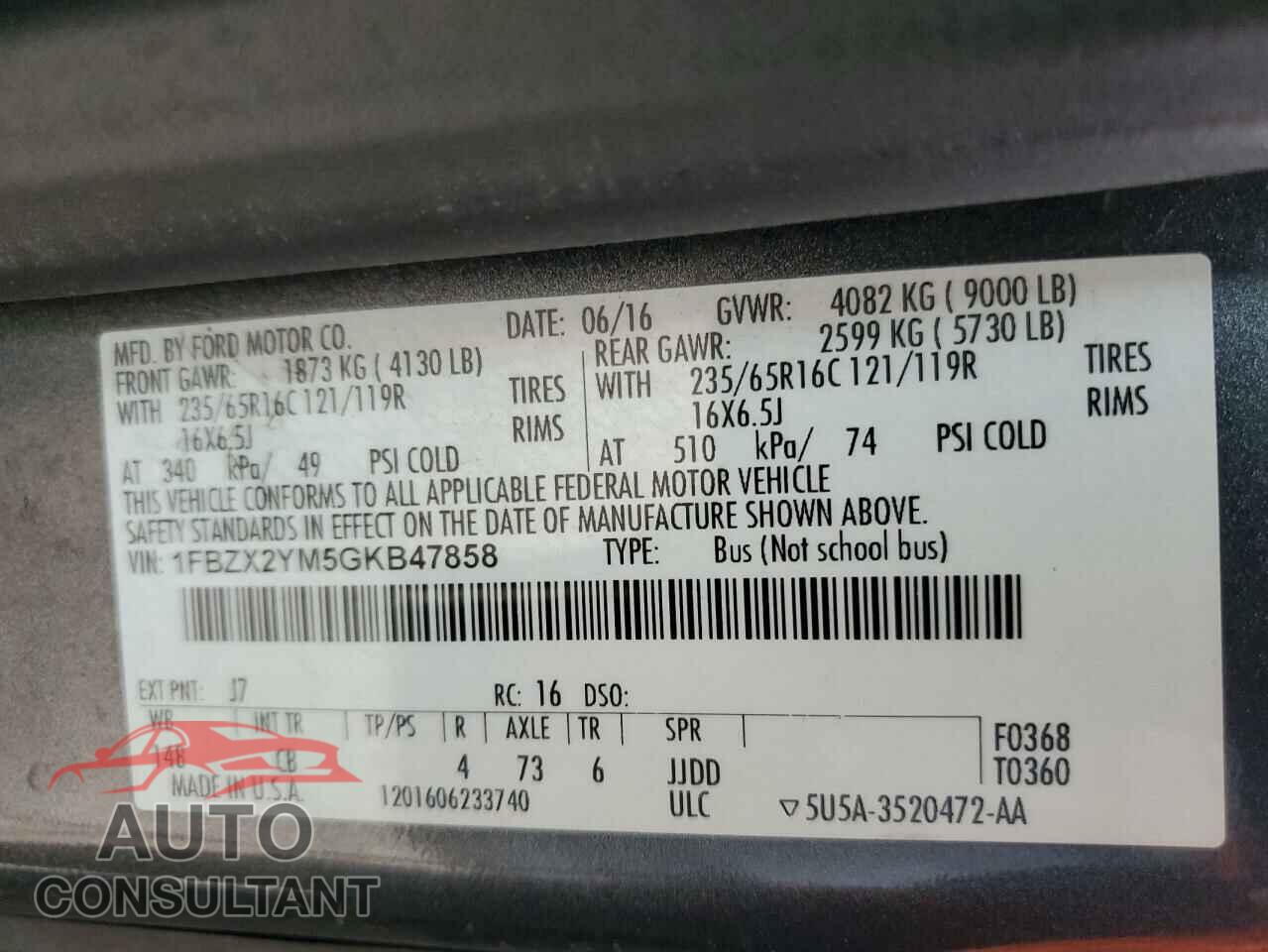 FORD TRANSIT 2016 - 1FBZX2YM5GKB47858