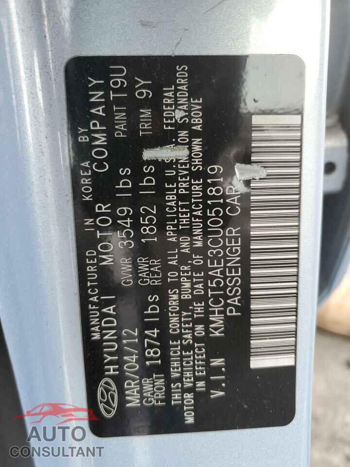 HYUNDAI ACCENT 2012 - KMHCT5AE3CU051819