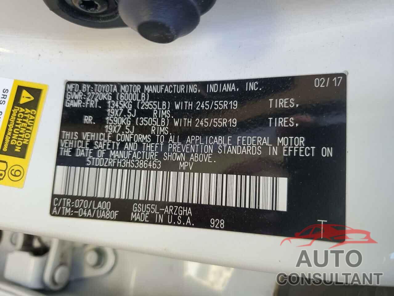 TOYOTA HIGHLANDER 2017 - 5TDDZRFH3HS386463