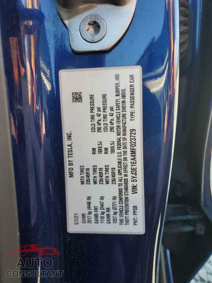 TESLA MODEL 3 2021 - 5YJ3E1EA4MF023729