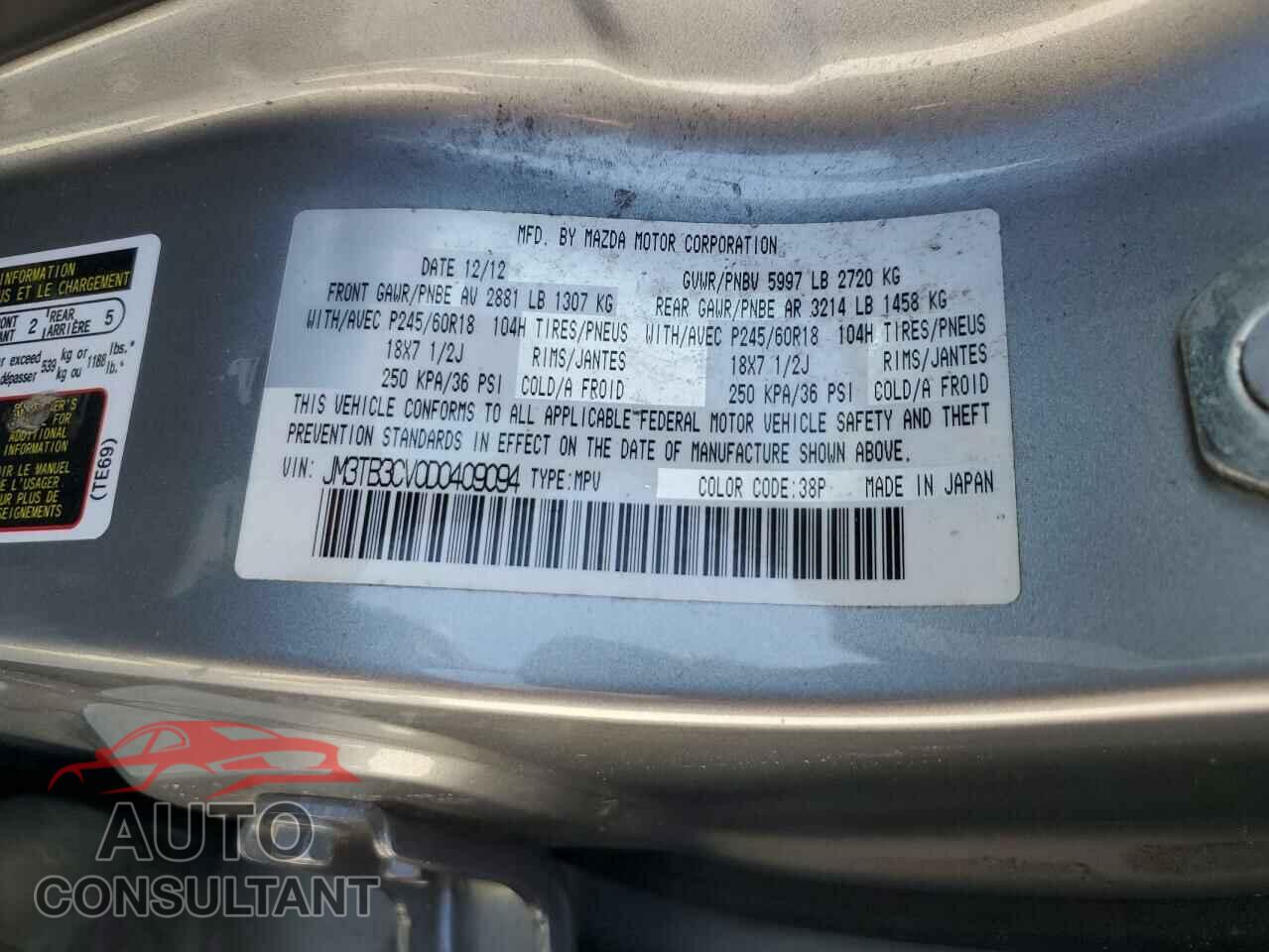 MAZDA CX-9 2013 - JM3TB3CV0D0409094