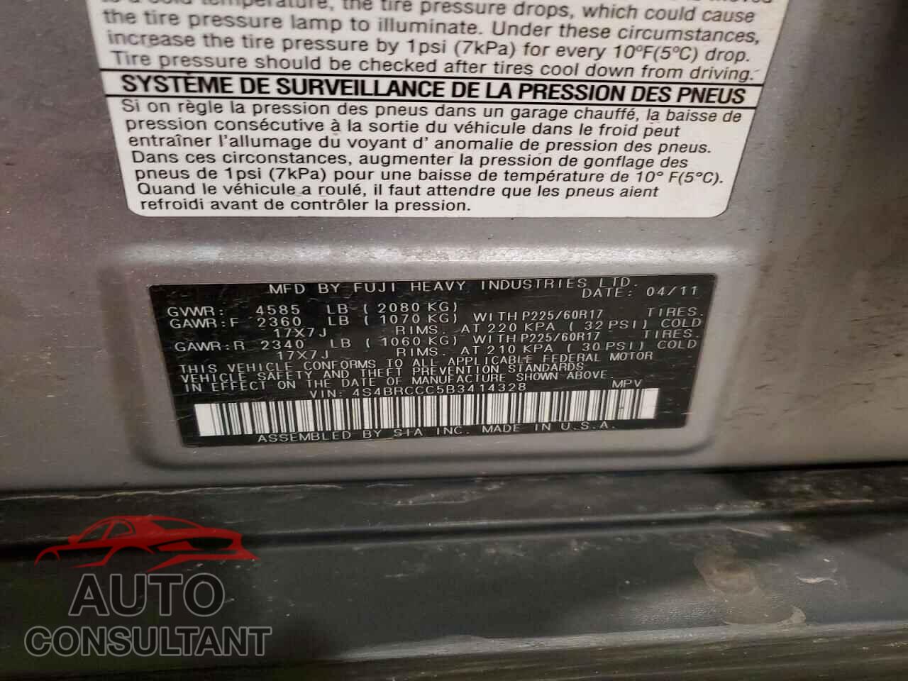 SUBARU OUTBACK 2011 - 4S4BRCCC5B3414328