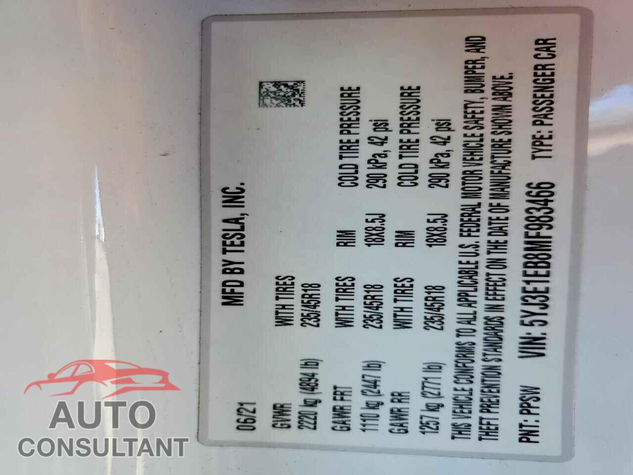 TESLA MODEL 3 2021 - 5YJ3E1EB8MF983466
