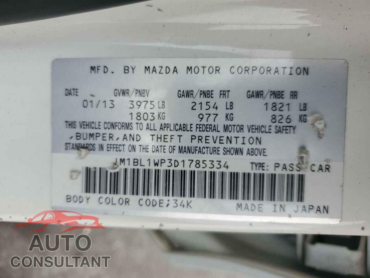 MAZDA 3 2013 - JM1BL1WP3D1785334