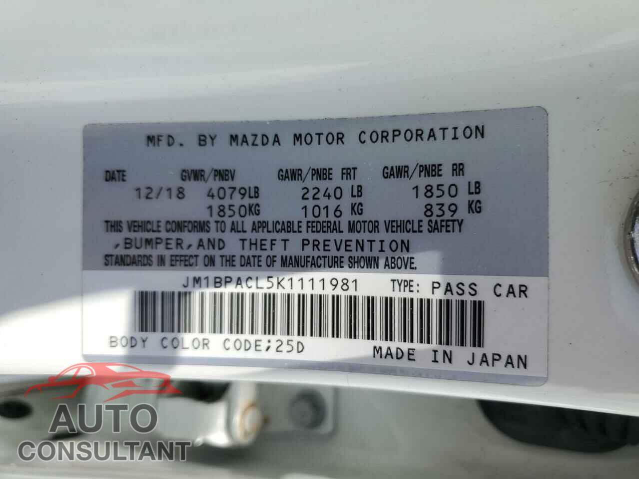 MAZDA 3 2019 - JM1BPACL5K1111981