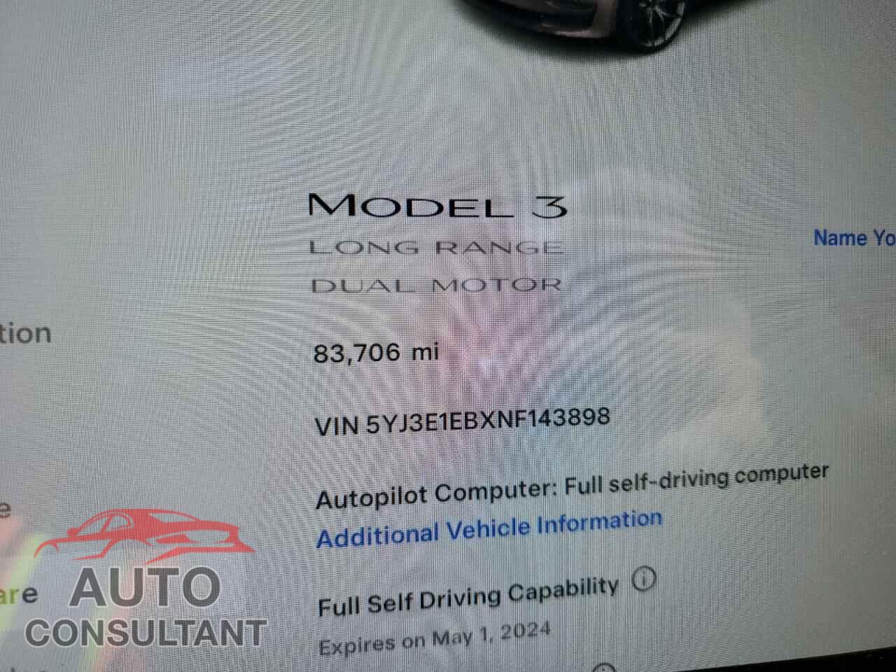 TESLA MODEL 3 2022 - 5YJ3E1EBXNF143898