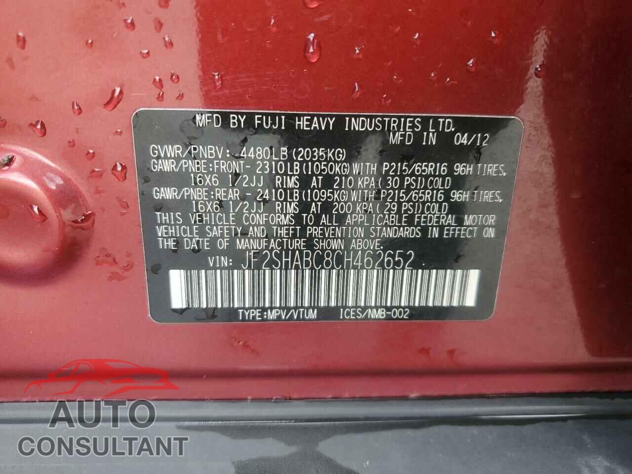 SUBARU FORESTER 2012 - JF2SHABC8CH462652
