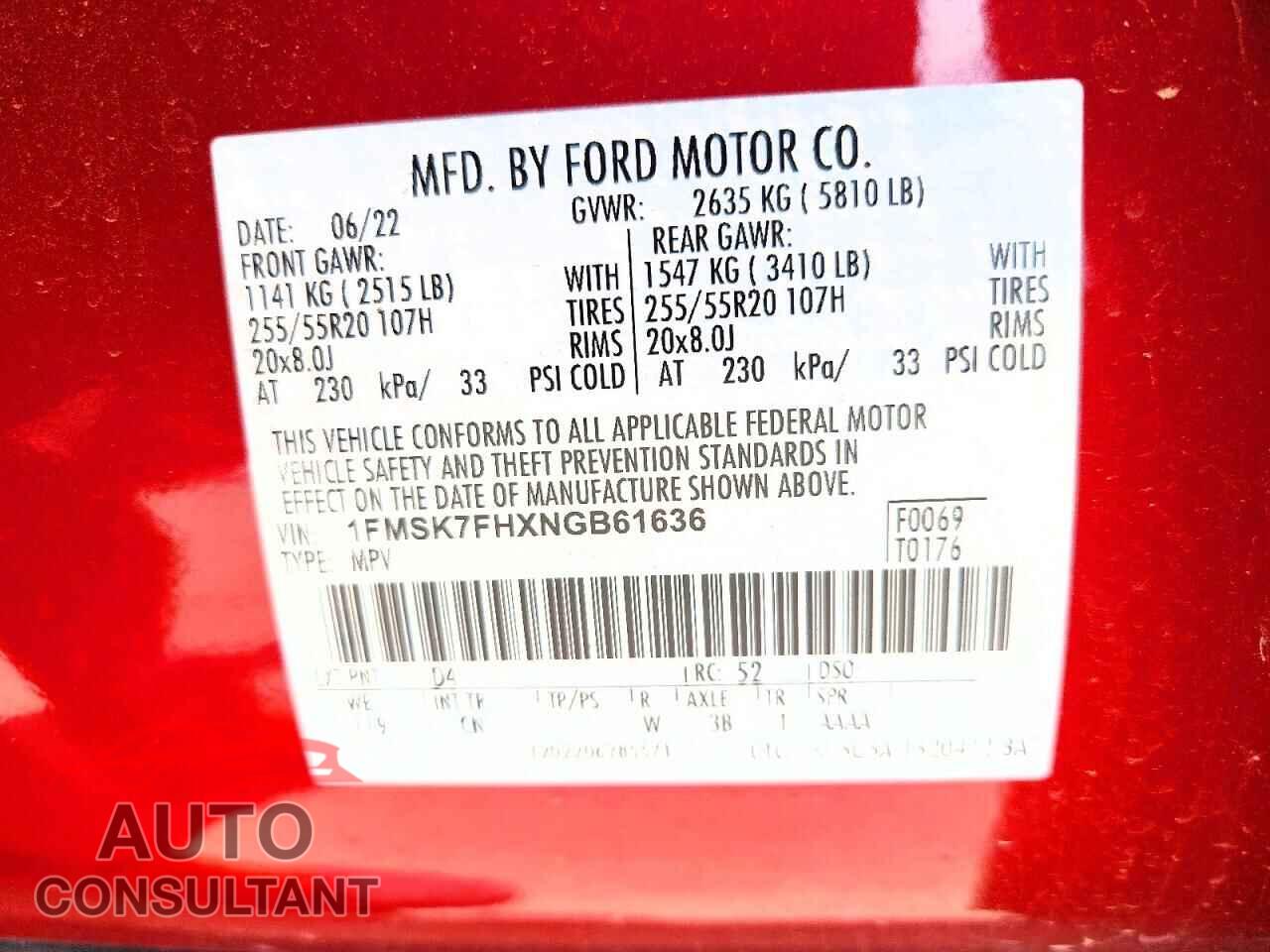 FORD EXPLORER 2022 - 1FMSK7FHXNGB61636