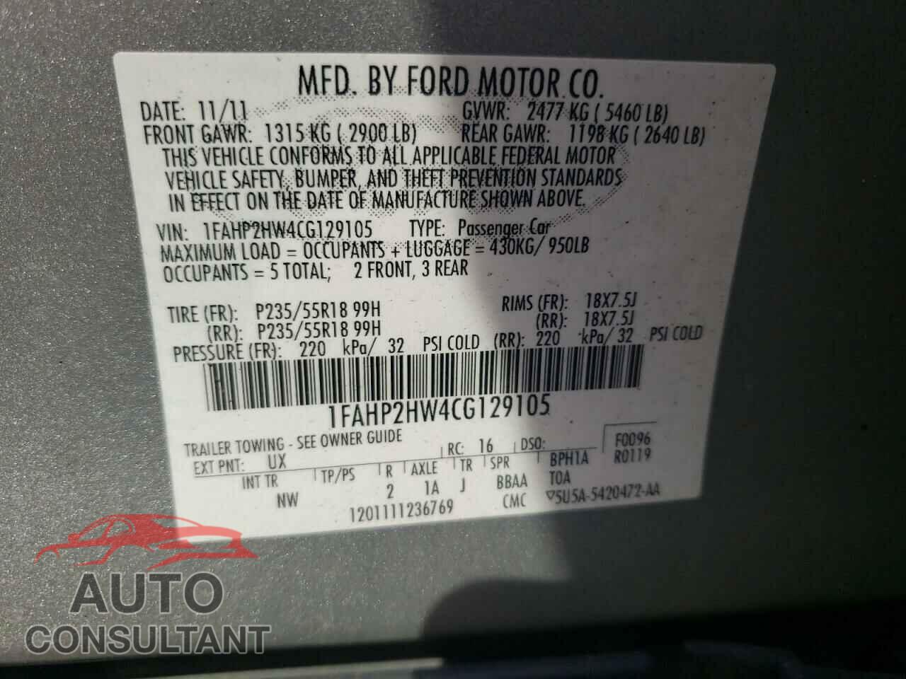 FORD TAURUS 2012 - 1FAHP2HW4CG129105