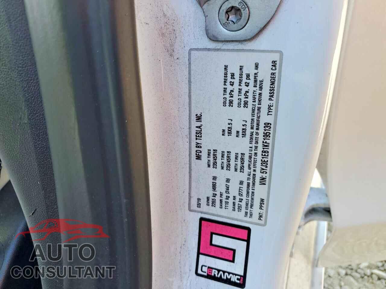 TESLA MODEL 3 2019 - 5YJ3E1EB1KF195139