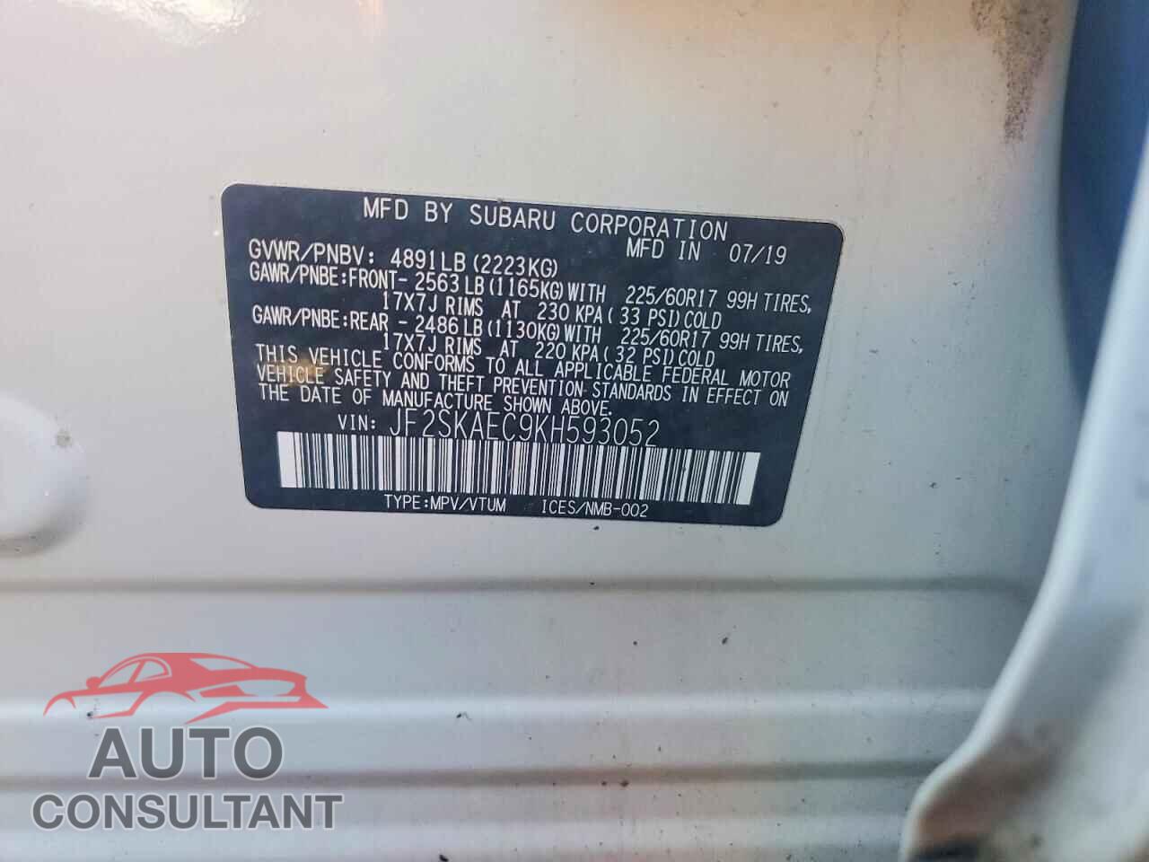 SUBARU FORESTER 2019 - JF2SKAEC9KH593052