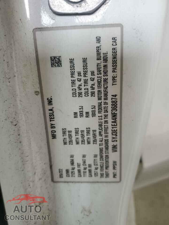 TESLA MODEL 3 2022 - 5YJ3E1EA4NF368874