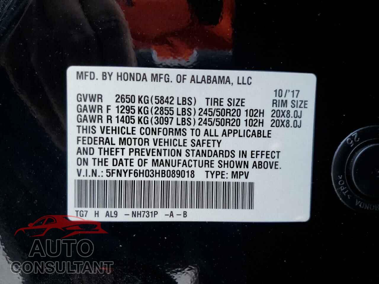 HONDA PILOT 2017 - 5FNYF6H03HB089018