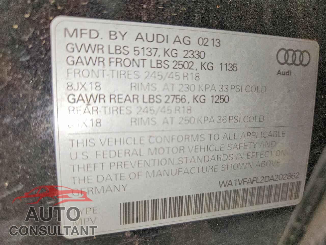 AUDI A4 2013 - WA1VFAFL2DA202862