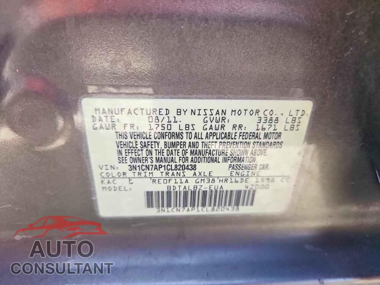 NISSAN VERSA 2012 - 3N1CN7AP1CL820438