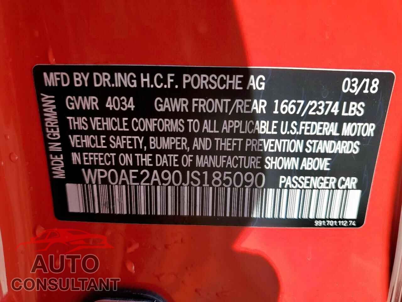 PORSCHE 911 2018 - WP0AE2A90JS185090