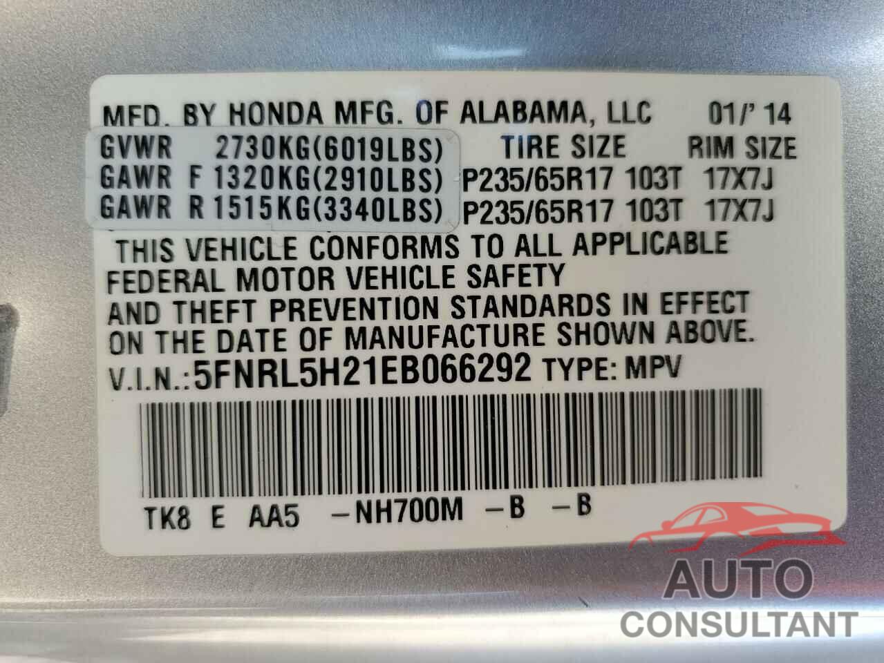 HONDA All Models 2014 - 5FNRL5H21EB066292