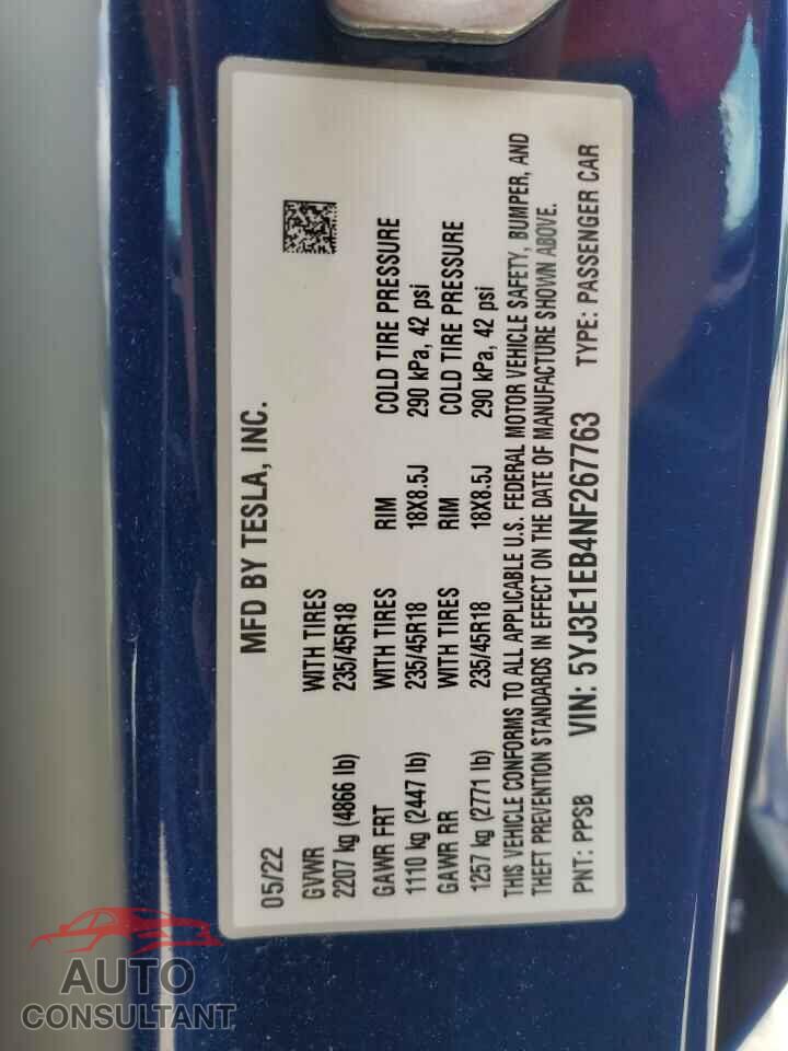 TESLA MODEL 3 2022 - 5YJ3E1EB4NF267763