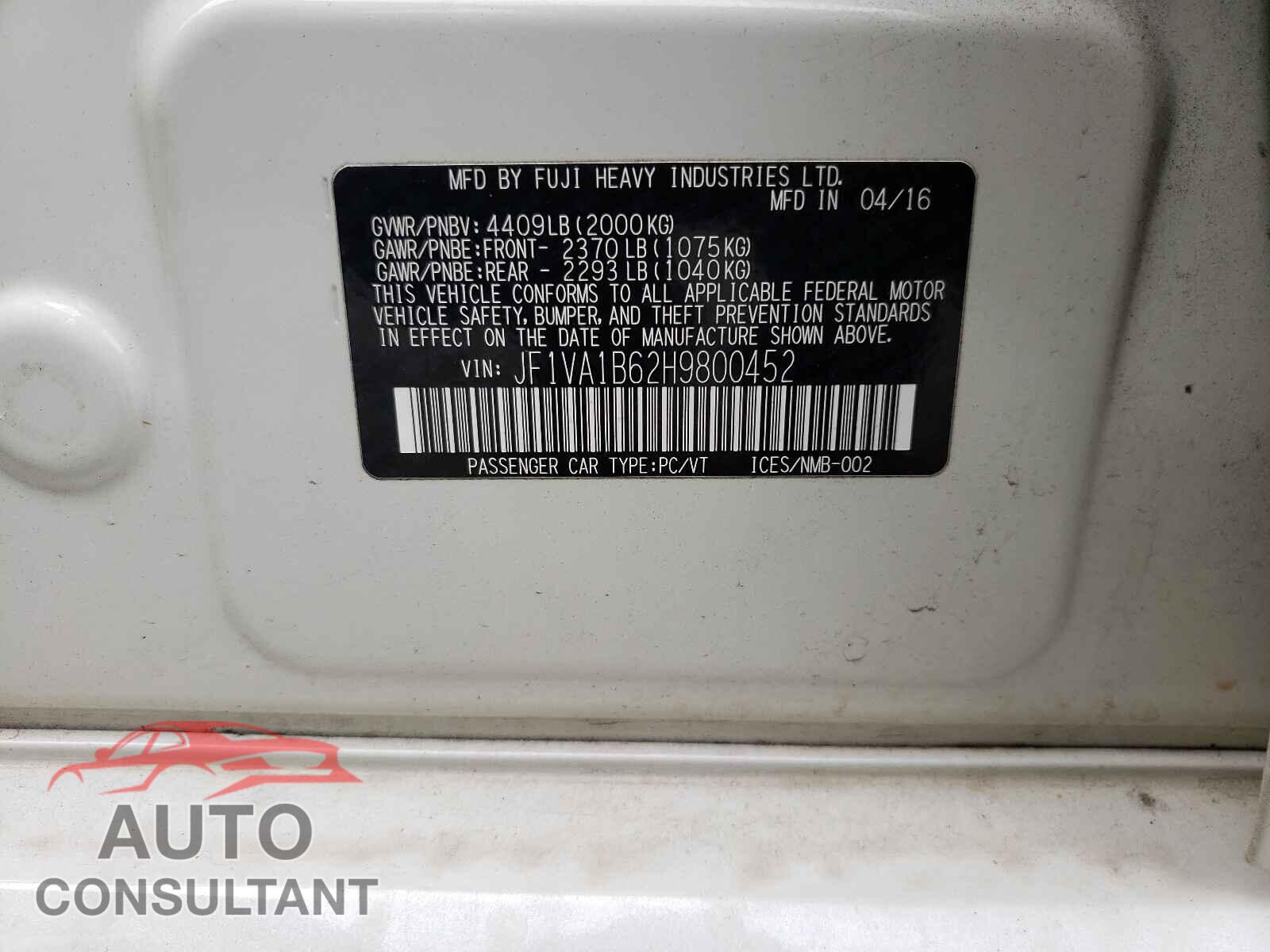 SUBARU WRX 2017 - JF1VA1B62H9800452