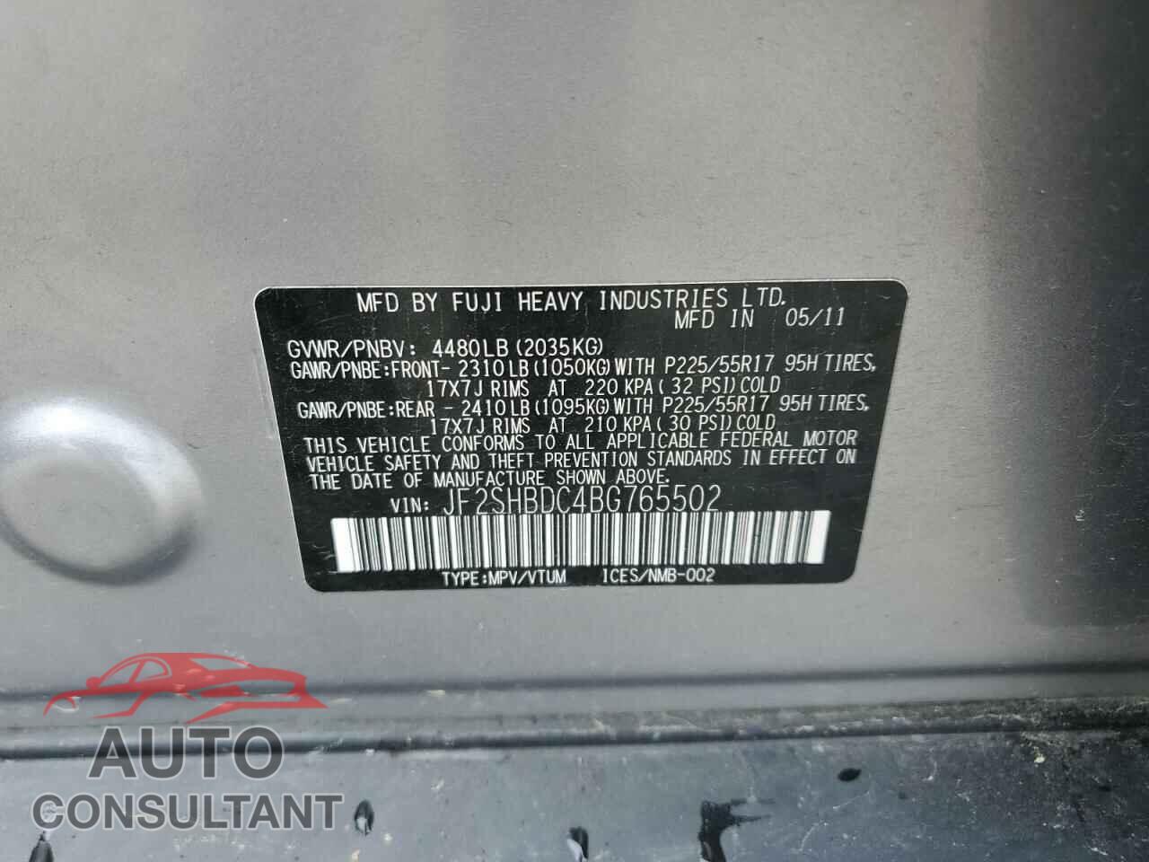 SUBARU FORESTER 2011 - JF2SHBDC4BG765502