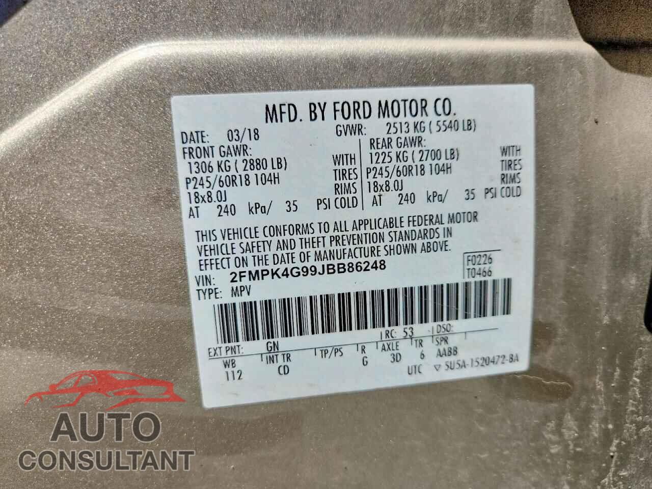 FORD EDGE 2018 - 2FMPK4G99JBB86248