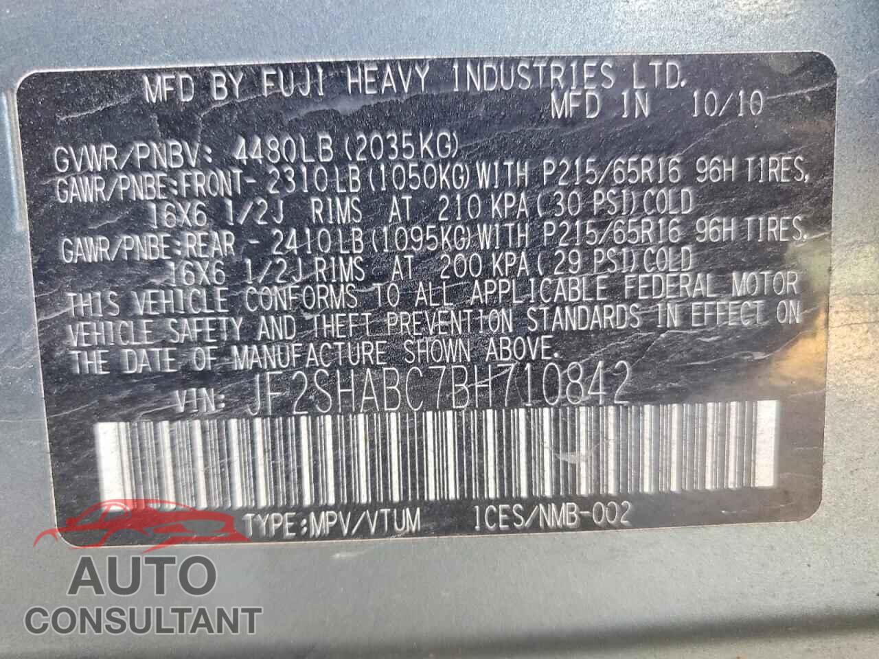 SUBARU FORESTER 2011 - JF2SHABC7BH710842