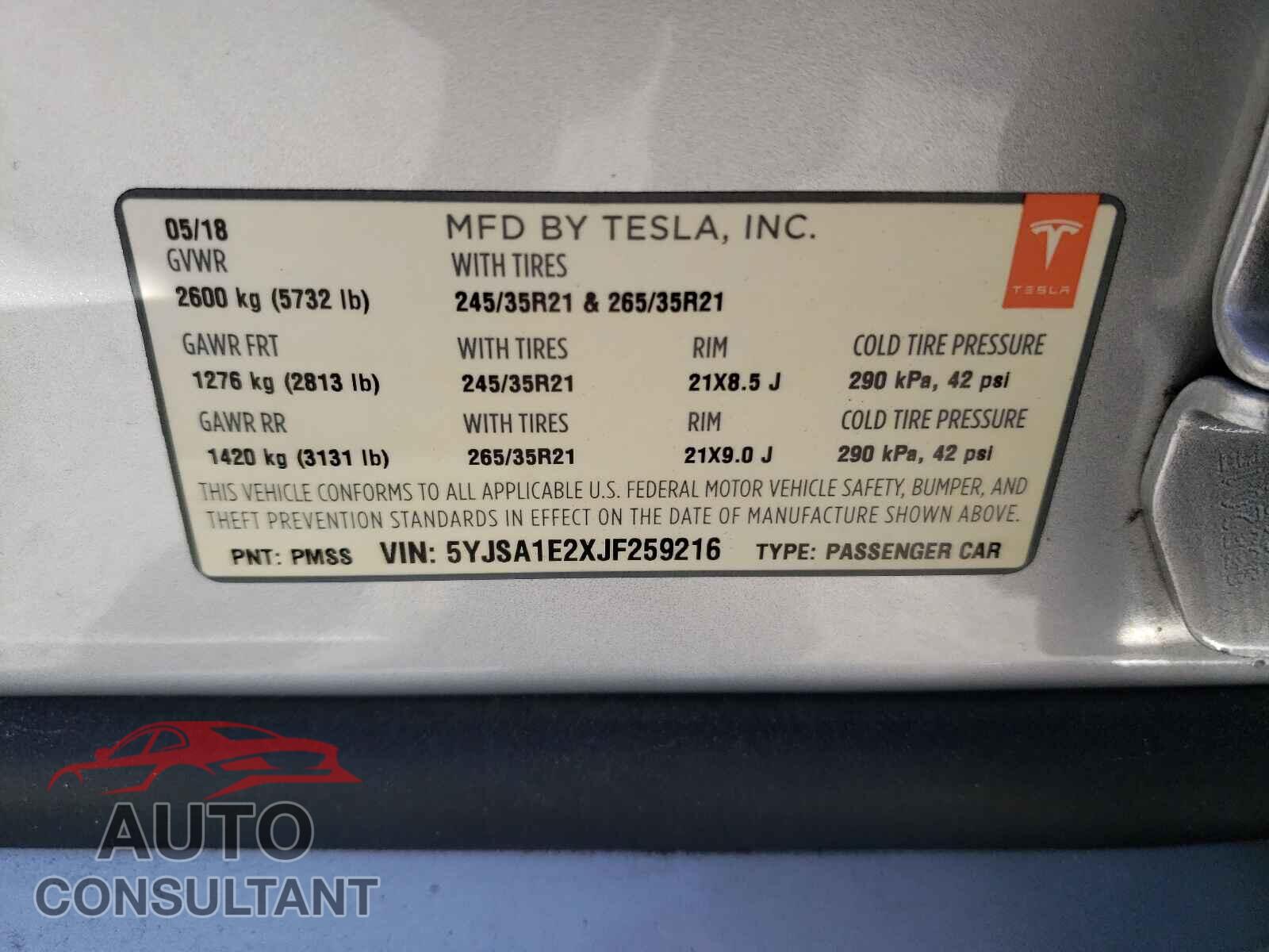 TESLA MODEL S 2018 - 5YJSA1E2XJF259216