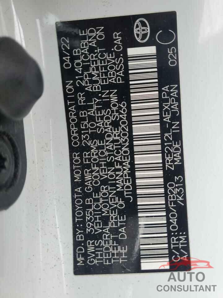 TOYOTA COROLLA 2022 - JTDEPMAE0N3020466