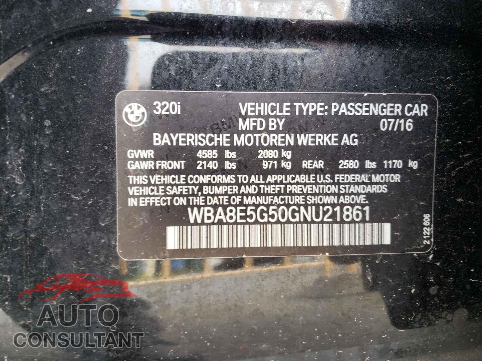 BMW 3 SERIES 2016 - WBA8E5G50GNU21861