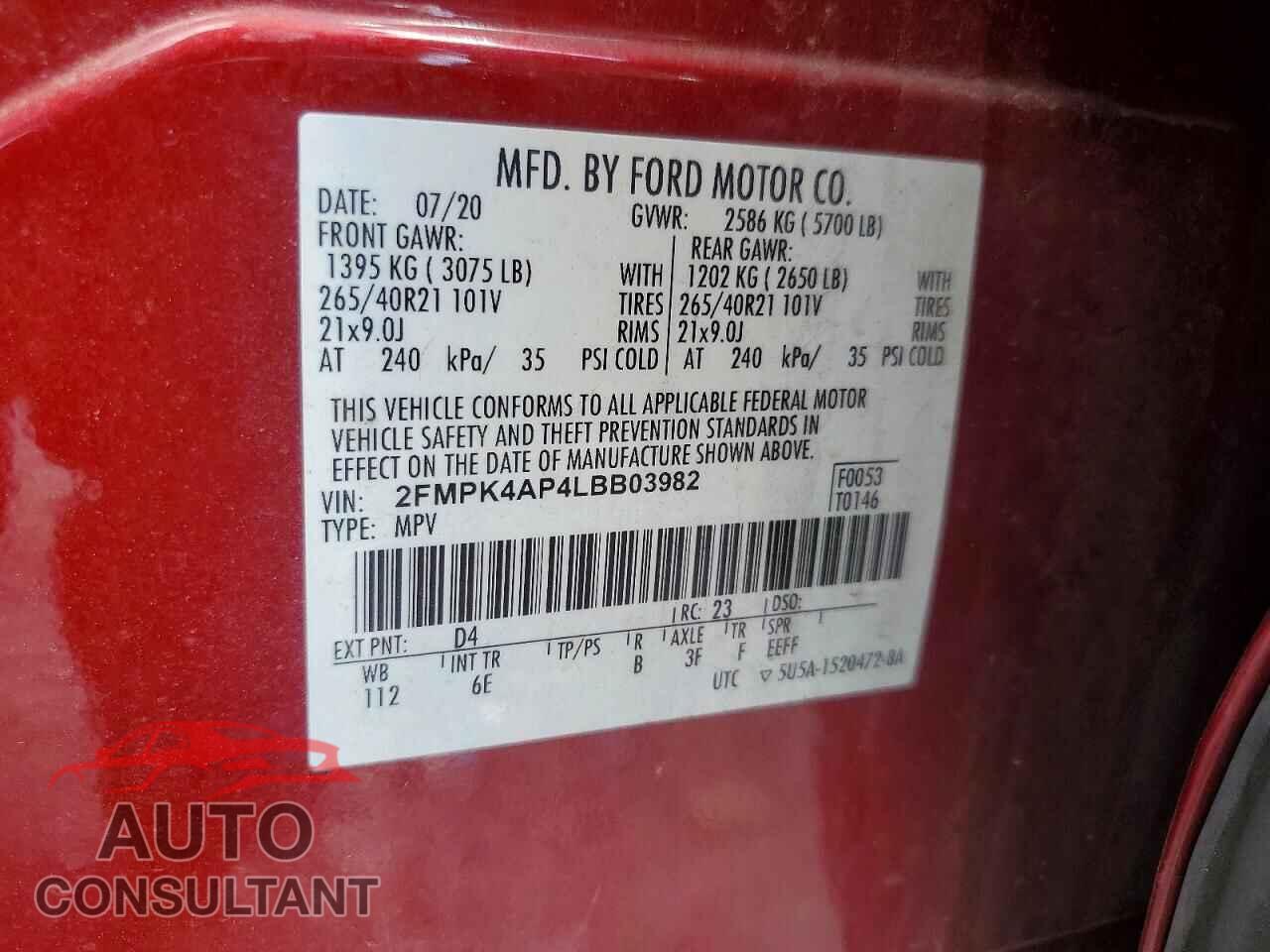 FORD EDGE 2020 - 2FMPK4AP4LBB03982