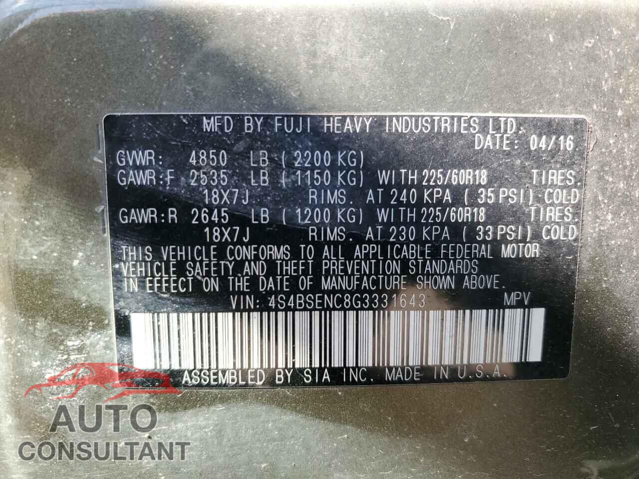 SUBARU OUTBACK 2016 - 4S4BSENC8G3331643