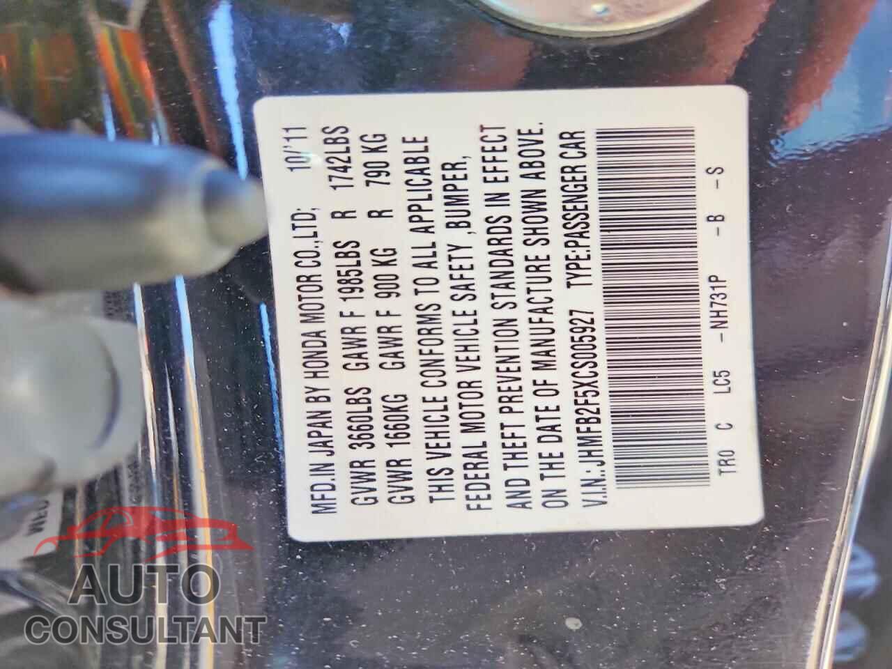 HONDA CIVIC 2012 - JHMFB2F5XCS005927
