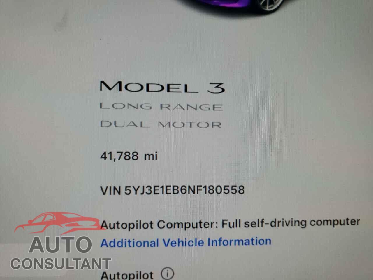 TESLA MODEL 3 2022 - 5YJ3E1EB6NF180558