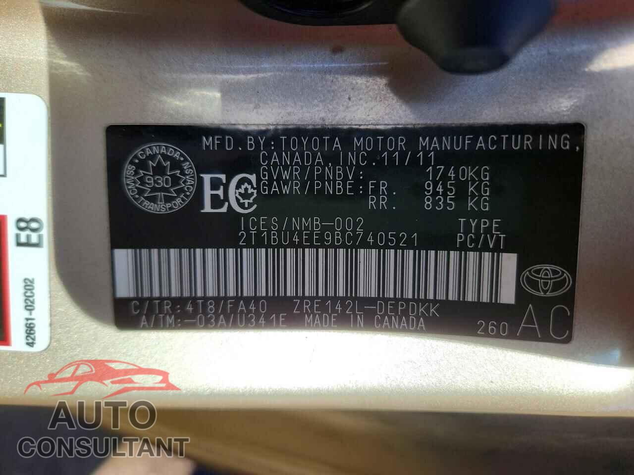 TOYOTA COROLLA 2011 - 2T1BU4EE9BC740521