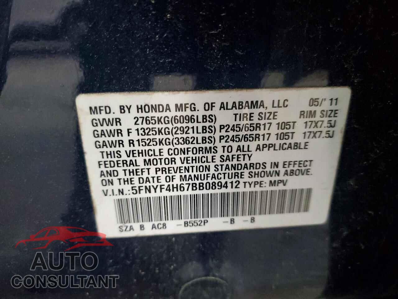 HONDA PILOT 2011 - 5FNYF4H67BB089412
