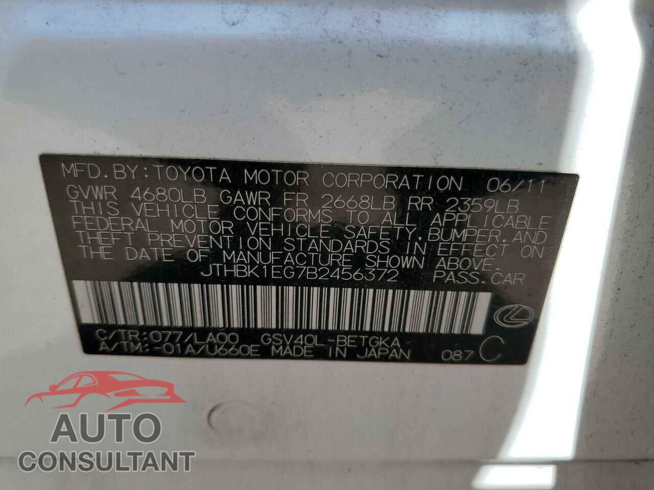 LEXUS ES350 2011 - JTHBK1EG7B2456372
