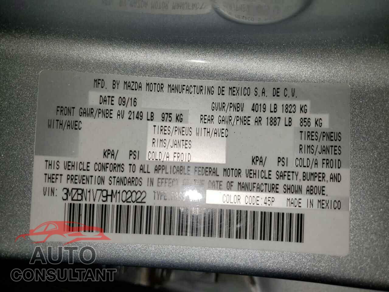 MAZDA 3 2017 - 3MZBN1V79HM102022