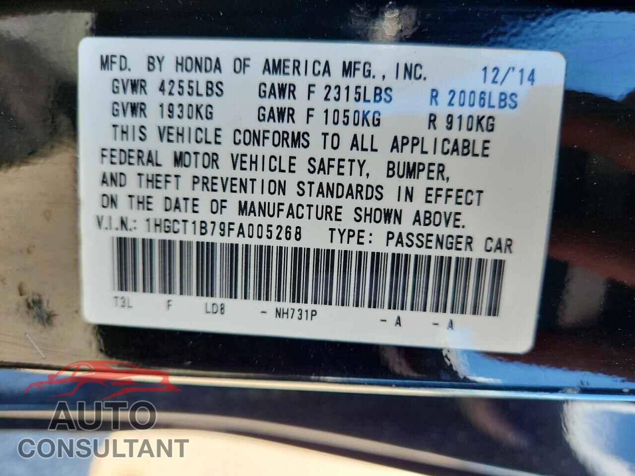 HONDA ACCORD EX 2015 - 1HGCT1B79FA005268